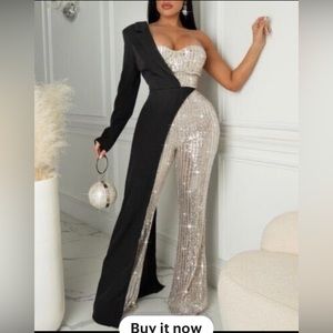 Long Sleeve One Shoulder Sequins Jumpsuit